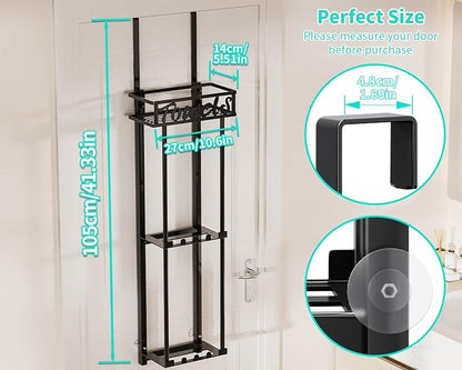 HapiRm Towel Rack Bathroom Storage - 3 Tier Over The Door & Wall Mounted Rolled Towel Racks Holder Organizer with Metal Shelf and 6 Hooks for Small Bathroom, Camper, Rv - Black (for 1.77 in Doors)