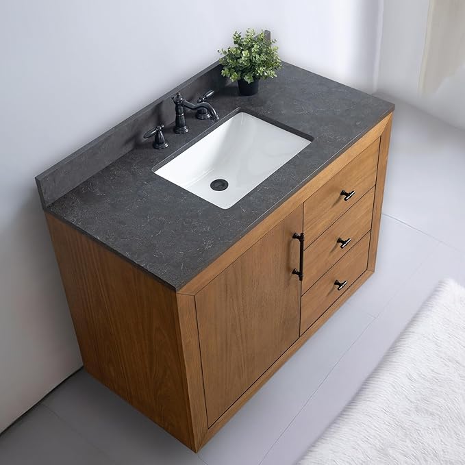 Vanity Art 42" Bathroom Vanity with Sink, Solid Poplar Wood, Vanity Cabinet with Doors and Shelf, Modern Wood Bathroom Vanity with Black Marble Top, 3 Right Functioning Drawer, VA70-42-T-B