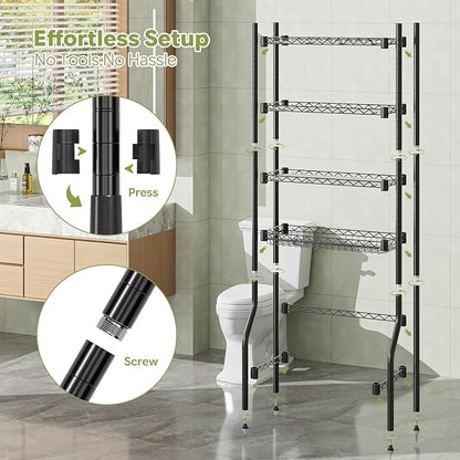 Simple Trending 4 Tier Over The Toilet Storage Rack, Bathroom Organizers and Storage Over Toilet with Adjustable Shelf and Basket, (Black)