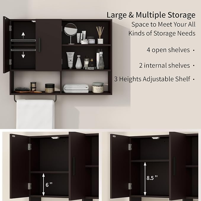 Bathroom Wall Cabinet, Medicine Cabinet with Towel Bar & 2 Doors, Espresso