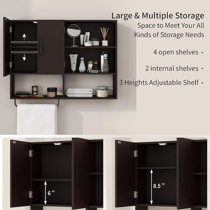 Bathroom Wall Cabinet, Medicine Cabinet with Towel Bar & 2 Doors, Espresso