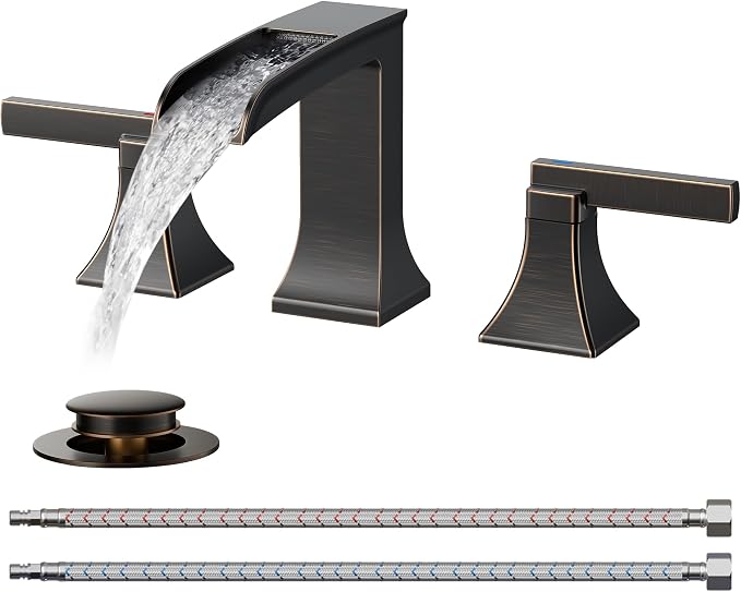FORIOUS Antique Brass Waterfall Bathroom Faucets 3 Hole, 2 Handle Oil Rubbed Bronze Bathroom Sink Faucet Widespread with Metal Pop-up Drain and CUPC Supply Lines, for 4-16” Centerset Sink