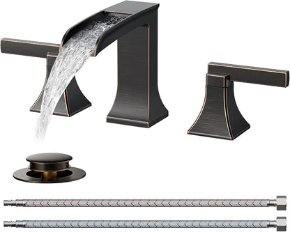FORIOUS Antique Brass Waterfall Bathroom Faucets 3 Hole, 2 Handle Oil Rubbed Bronze Bathroom Sink Faucet Widespread with Metal Pop-up Drain and CUPC Supply Lines, for 4-16” Centerset Sink