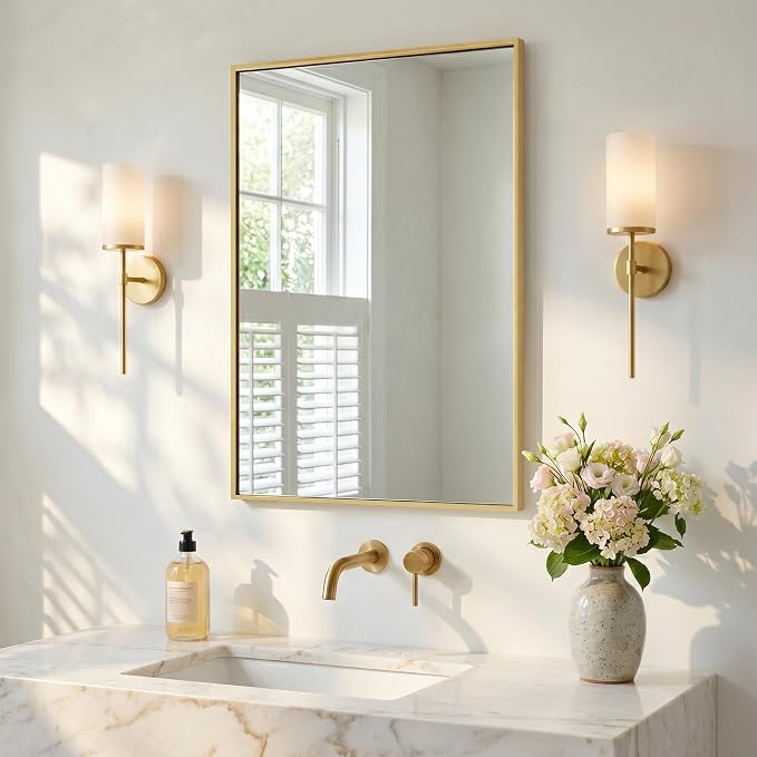 24x36 Satin Gold Framed Rectangle Bathroom Vanity Wall Mirror | Over-Sink Vanity Mirror, Slim Metal Frame, Entryway or Dresser Use, Vertical/Horizontal Mount, Tempered Glass
