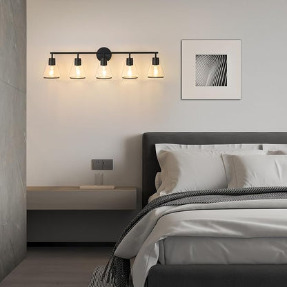 38.5" Black Bathroom Vanity Light, 5 Light Modern Vanity Lighting Fixture | Vanity Lights with Clear Glass Shade, Bathroom Wall Light Over Mirror, Wall Sconces for Bathroom Bedroom