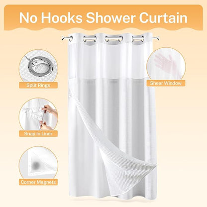 River Dream Cotton Blend Fabric Shower Curtain Set with Liner, White, 54x80 | Waffle Weave, No Hook Needed, with Snap in Replacement Liner, Top Sheer Window, Hotel Quality Fabric for Bathroom