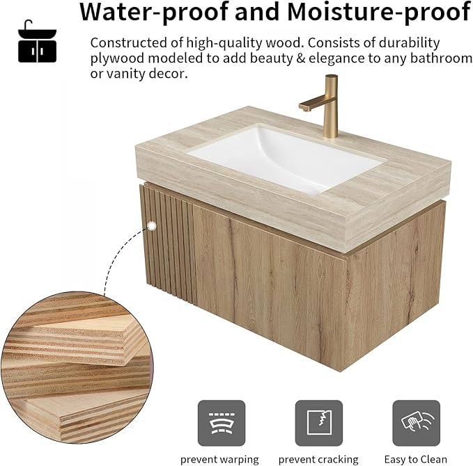 LKTART Floating 30 Inch Bathroom Vanity with Sink, Modern Plywood Wall Mounted Bathroom Storage Cabinet with 1 Door and 1 Drawer, Roma Travertine-Pattern Sintered Stone Countertop and Ceramic Basin