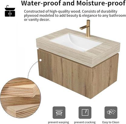 LKTART Floating 30 Inch Bathroom Vanity with Sink, Modern Plywood Wall Mounted Bathroom Storage Cabinet with 1 Door and 1 Drawer, Roma Travertine-Pattern Sintered Stone Countertop and Ceramic Basin