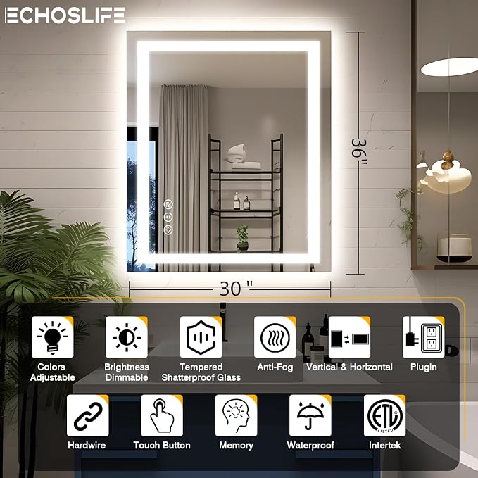 EchosLife 30"x36" LED Bathroom Mirror with Lights | Backlit + Front Lit, Anti-Fog, Stepless Dimmable, 3 Colors, Memory, Tempered Glass, UL Listed, Horizontal/Vertical