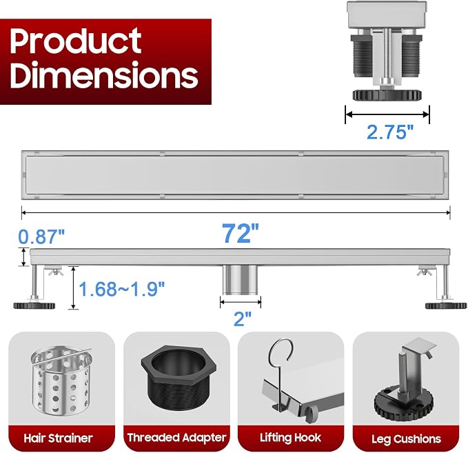 DLONE® Linear Shower Drain - 72 Inch Brushed Nickel, with Tile Insert Panel | AISI 304 Stainless Steel Linear Drain, Rectangle Shower Floor Drain, with Adjustable Feet, Fits Bathroom & Balcony etc