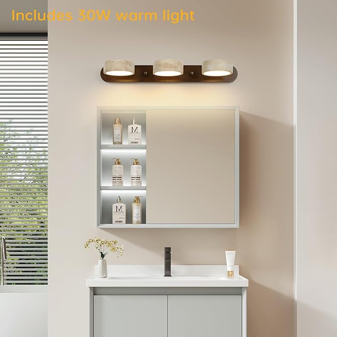 Wood Farmhouse Bathroom Vanity Light,Natural Stone Travertines Walnut Wall Lamp 3 Lights Travertine Shade Wabi Sabi Lamp, Linear Bathroom Vanity Lighting Rotatable 30W LED Wall Fixture Over Mirror