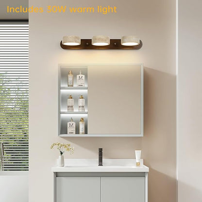 Wood Farmhouse Bathroom Vanity Light,Natural Stone Travertines Walnut Wall Lamp 3 Lights Travertine Shade Wabi Sabi Lamp, Linear Bathroom Vanity Lighting Rotatable 30W LED Wall Fixture Over Mirror