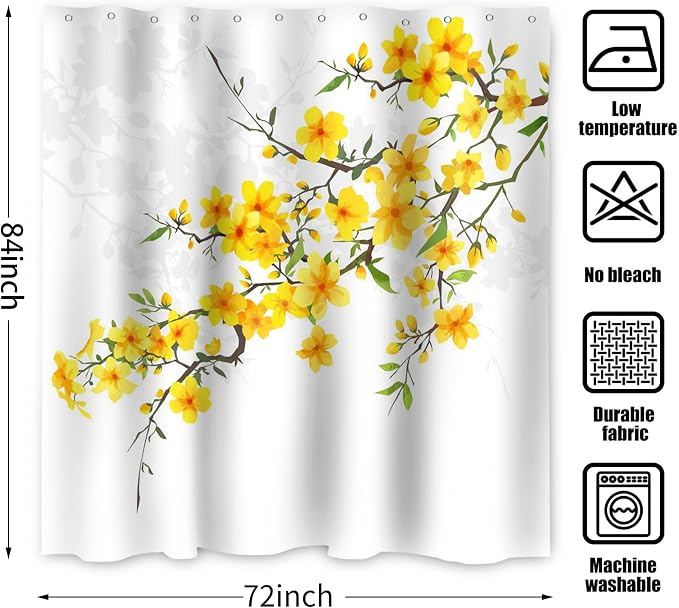 Yellow Floral Extra Long Shower Curtain, Flower Blossom Plant Botanical Spring Durable Waterproof Fabric Machine Washable with Hooks for Bathroom Bathtub 72Wx84H