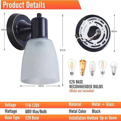 Wall Sconces Set of 2, Matte Black Vanity Lights for Bathroom, Modern Wall Light Fixtures with Rotary Switch, Wall Mount Light with Frosted Glass, Farmhouse Lamp for Bedroom Mirror Living Room