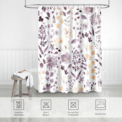 Small Stall Shower Curtain 36 x 72 Inch, Half Narrow Plum Floral Shower Curtains for Bathroom, Watercolor Flower Butterfly Fabric Shower Curtain Set with Hooks