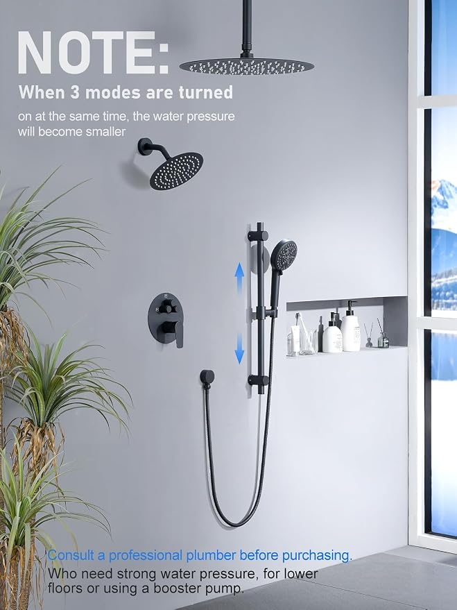 Woindo Shower Faucet Set with Slide Bar, 12" Rain Shower Head/8'' Side Shower Head and 10 Setting Handheld Ceiling Mount 3 Push Button Diverter Complete Rainfall Shower System Included Valve Trim Kit
