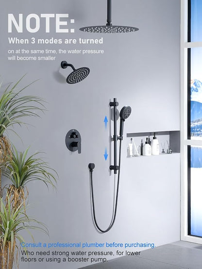 Woindo Shower Faucet Set with Slide Bar, 12" Rain Shower Head/8'' Side Shower Head and 10 Setting Handheld Ceiling Mount 3 Push Button Diverter Complete Rainfall Shower System Included Valve Trim Kit