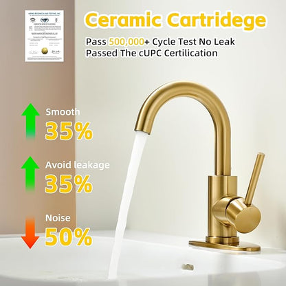 Brushed Gold Bathroom Faucets for Sink 1 Hole or 3 Holes, Single Hole Gold Bathroom Sink Faucet with Pop-Up Drain Mini Size Vanity Faucet Bar Faucet Single Handle Lavatory Faucets