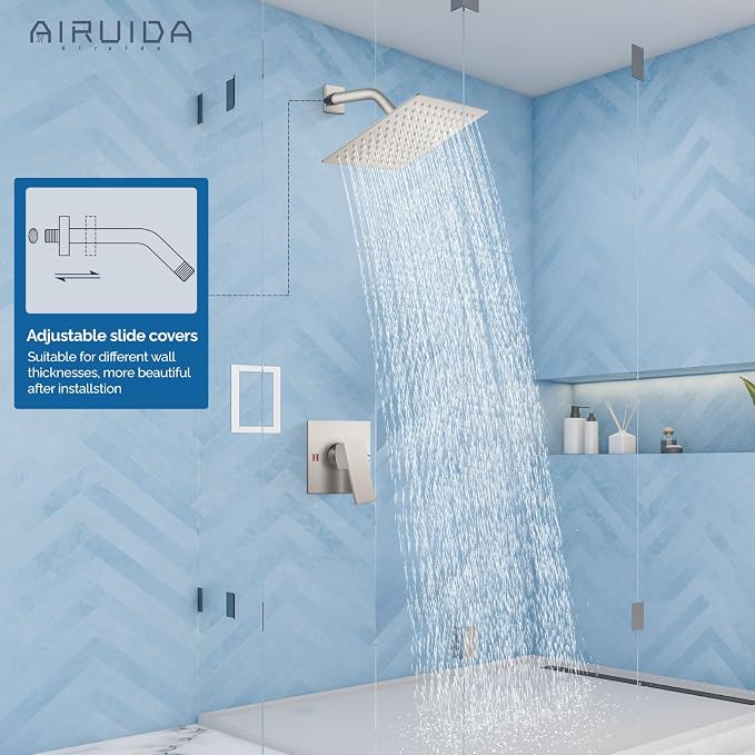Airuida Brushed Nickel Shower Faucet Set,8 Inch Shower Valve Kit | Square Showerhead,Female Thread Rough-in Valve,Bathroom Rain Shower System,Single Function Handle