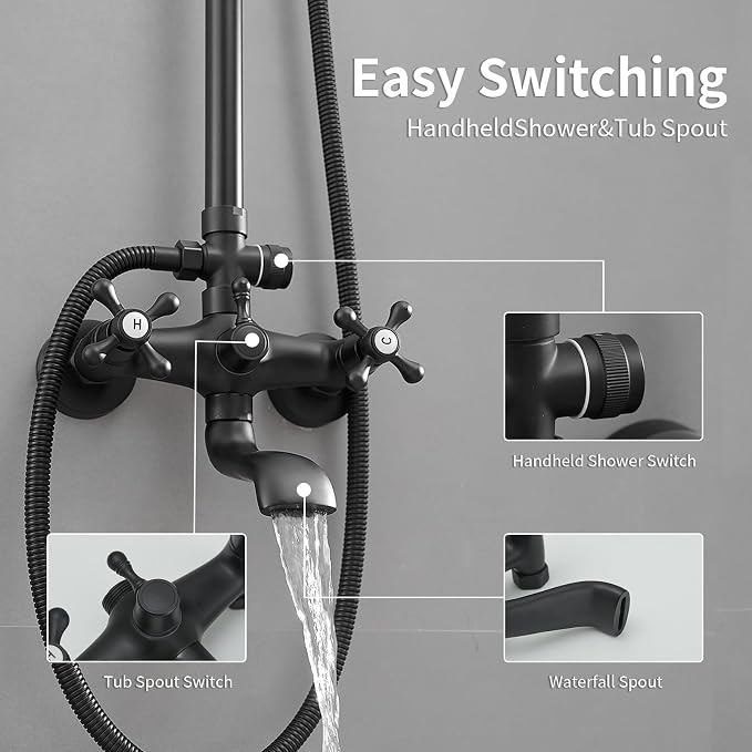 Outdoor Shower Features, Exposed Shower System Wall Mounted | 8 Inch Rain Shower Head Sprayers,Handheld Shower Head & Tub Spout,Solid Brass,Dual Handle,High Pressure,Matte Black