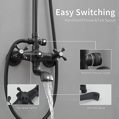 Outdoor Shower Features, Exposed Shower System Wall Mounted | 8 Inch Rain Shower Head Sprayers,Handheld Shower Head & Tub Spout,Solid Brass,Dual Handle,High Pressure,Matte Black