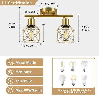 Baocuz 2-Lights Kitchen Track Lighting Ceiling, Adjustable Multi-Directional Gold Ceiling Light Fixtures, Rotatable Farmhouse Light Fixtures Ceiling Mount with Metal Cage for Dining Room, Living Room
