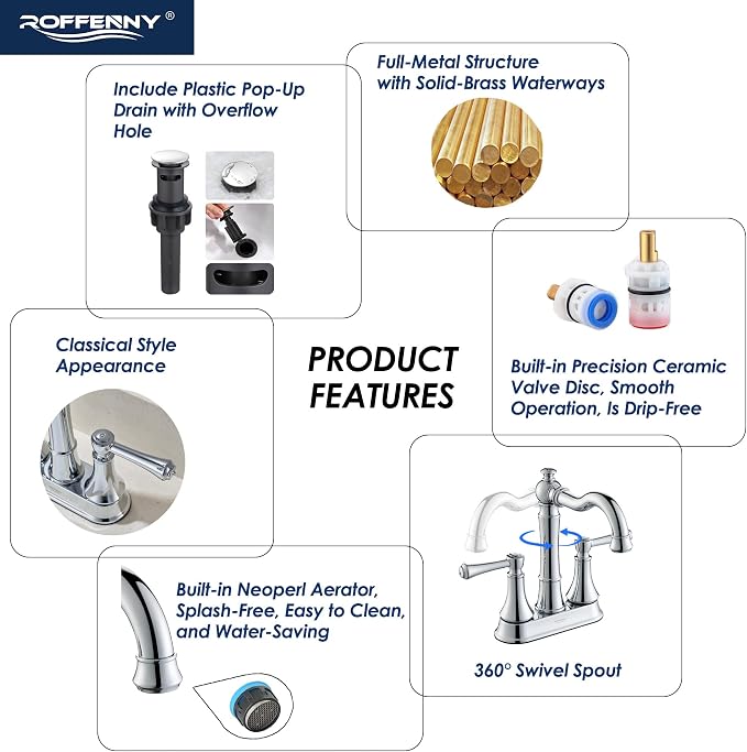 4" Centerset Polished Chrome Bathroom Faucets for 2/3-Hole Sinks | Includes Plastic Pop-Up Drain, Classic 4" Center Set Lavatory/Bath Vanity Faucets, 2-Handle High Arc 360° Swivel Brass Spout