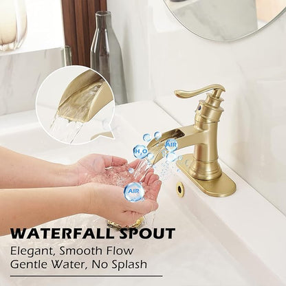 BWE Brass Gold Waterfall Sink Faucet for Modern & Traditional Bathroom | Wide Waterfall Spout, Ceramic Cartridge, Fits 1 or 3-Hole Sink, Single Handle, Hardware Kit Included, Not for Vessel Sink