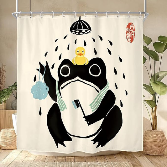 LGhtyro Funny Frog Shower Curtain Bathroom Set 71Wx78H Inches Asian Style Traditional Japanese Art Rubber Duck Cute Animal Retro Bath Accessories Retro Black Beige Art Home Decor Fabric 12 Pack Hooks
