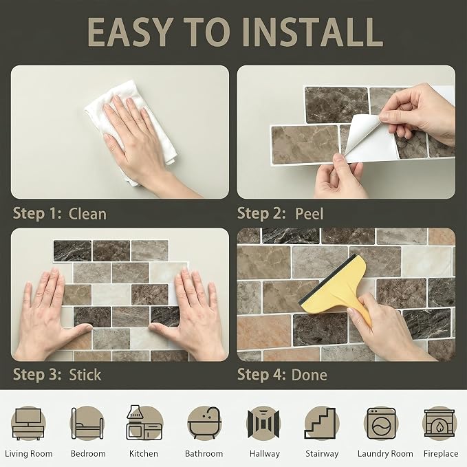 Arttown Peel and Stick 3D Wall Backsplash, 10-Sheet, 12" × 12" Brown Tan | Subway Tiles Self Adhesive Thicker Design Wall Tile Panel Wallpaper for Kitchen Balcony Bathroom Rental Housing