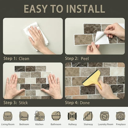 Arttown Peel and Stick 3D Wall Backsplash, 10-Sheet, 12" × 12" Brown Tan | Subway Tiles Self Adhesive Thicker Design Wall Tile Panel Wallpaper for Kitchen Balcony Bathroom Rental Housing