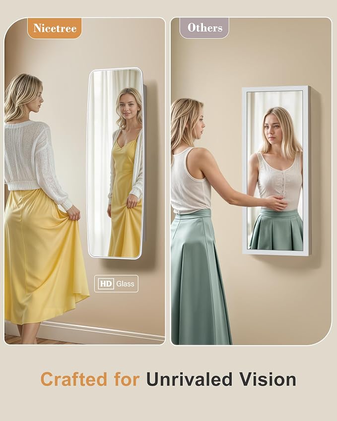 Nicetree Rounded Mirror Jewelry Cabinet, Lockable, Wall Mounted, Moon White | Hanging Jewelry Armoire Organizer, Rounded Armoire with Full Length Mirror, Wide Mirror with Storage, Gift Idea,Lock