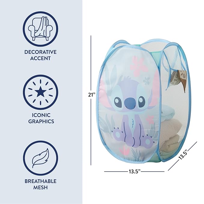 Disney Stitch Pop Up Hamper – Collapsible Laundry Basket with Durable Carry Handles – 21'' x 13.5'' – Lightweight Storage Bin for Kids, Nursery, Bedroom & Toys