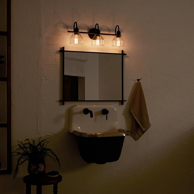 Kichler Avery 24" 3-Light Bathroom Vanity Light in Black with Clear Seeded Glass for Bathroom and Powder Room Vanity, Industrial Styling, (24" W x 9.5" H x 8.25" Ext.), 45973BK