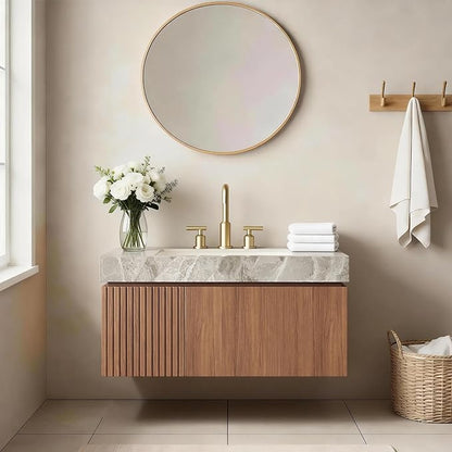 36" Floating Bathroom Vanity with Sink, Modern Plywood Storage Cabinet with Drawer and Door, Light Gray Sintered Stone Countertop and 3 Pre-drilled Faucet Holes Ceramic Basin, Pre-Assembled, Dark Oak