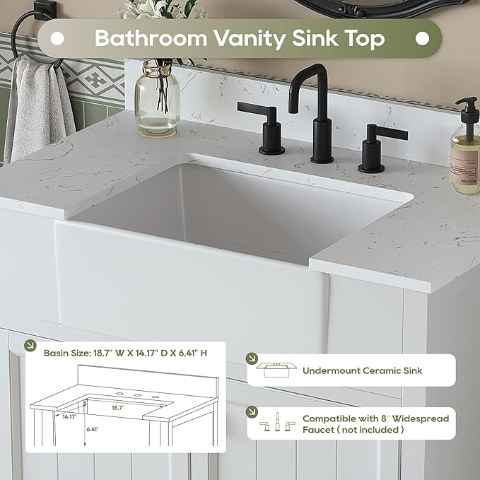 36 Inch Bathroom Vanity with Sink, Farmhouse Single Sink Bathroom Vanity with Adjustable Feet, Bathroom Storage Cabinet with Soft Closing Doors, Apron Farm Sink, White
