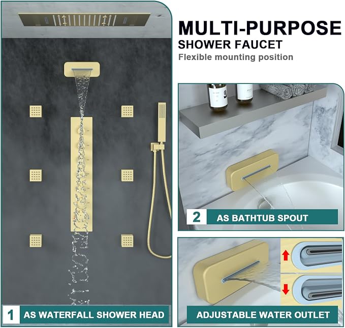 HOMEDEC LED Full Body Rain Shower System with 6pcs Body Jets Spray with（Up/Down ）Shower Spout, Large 3 In 1 Functions 14x20inch Showerhead, Rainfall Mist Shower Faucet Set Complete, Brushed Gold
