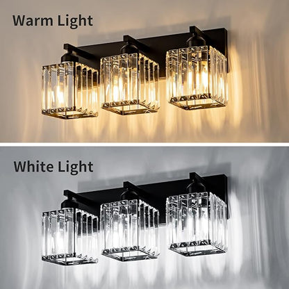 Black Bathroom Vanity Light 3 Lights, Crystal Bathroom Wall Light Fixtures Modern Vanity Light Over Mirror (Exclude Bulb)