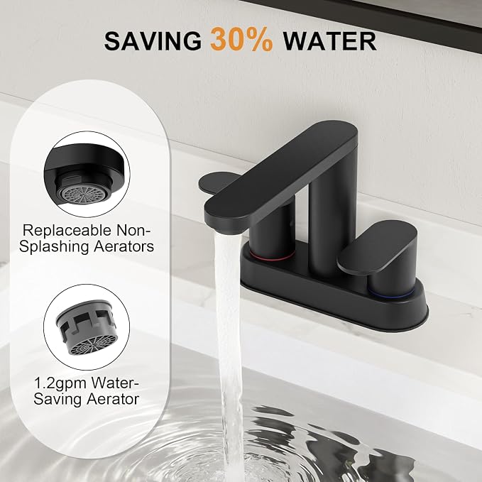 BWE Matte Black Bathroom Faucets 4 Inch Centerset Faucet for Bathroom Sink | 2 or 3 Hole Basin 2-Handle 360° Swivel Spout Bathroom Sink Faucet with Pop up Drain Water Supply Hose for Farmhouse Vanity RV