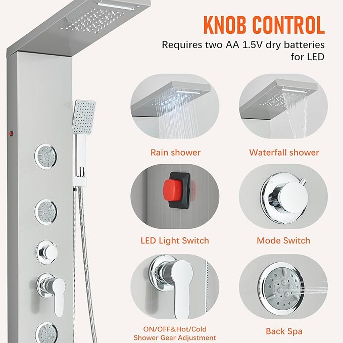 Fuz LED Shower Panel Tower System with Rainfall Waterfall Shower, Brushed Nickel Shower Tower with Jets and Rainfall and Handheld, 5 in 1 Stainless Steel Shower Column High Pressure with Tub Spout