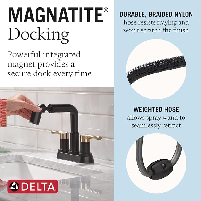 Delta Nicoli Centerset Matte Black/Brushed Gold Bathroom Faucet with Sprayer, 4 Inch 3 Hole Bathroom Sink Faucet with Pull Out Sprayer, Push-Pop Drain, Matte Black/Champagne Bronze 25849LF-GZPD