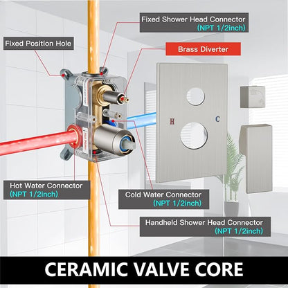 Midanya Shower Faucet Set with Handheld Sprayer,12 Inch,Brushed Nickel | Rough-in Shower Valve and Trim Kit Included,Square Rain Head,Wall Mount Shower System,All Metal,Bathroom