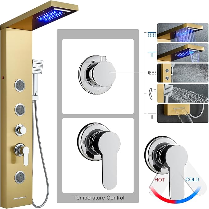 5-in-1 Shower Panel Tower System with LED Lights, 2-in-1 Body Massage, Rainfall, Waterfall,Handheld and Tub Spout, Stainless Steel Shower Column - Gold