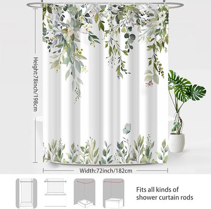 Green Floral Eucalyptus Shower Curtain with Hooks, 72x78 Inch | Waterproof Fabric, Watercolor Leaves and Floral, Botanical Style, Machine Washable, Quick-Drying, for Hotel Bathroom
