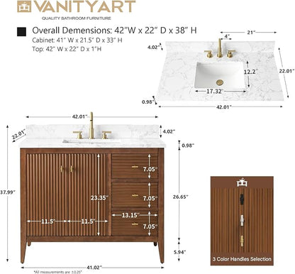 Vanity Art 42 inch Bathroom Vanity with Single Sink & Ceramic Top, Vanity Cabinet with Soft-Closing Door, Solid Wood Frame, Linear Pattern, Walnut, Golden Brushed Handware VA9142-Walnut-GB