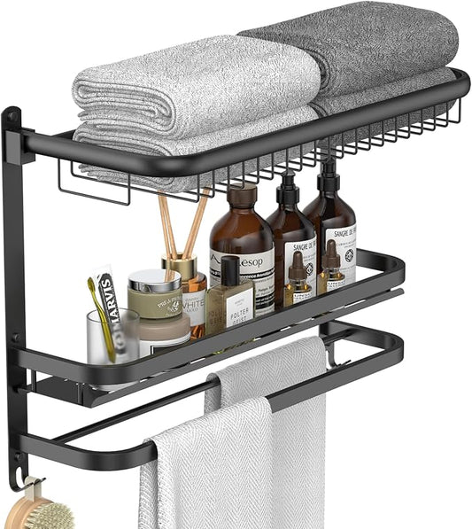 23 Inch Towel Rack for Bathroom with 3 Tier Shelf Double Bar Hook (Black) | 90 Degree Foldable Top Design, Wall Mounted Storage Shelf of 304 Stainless Steel, No Drill or Screw Installation