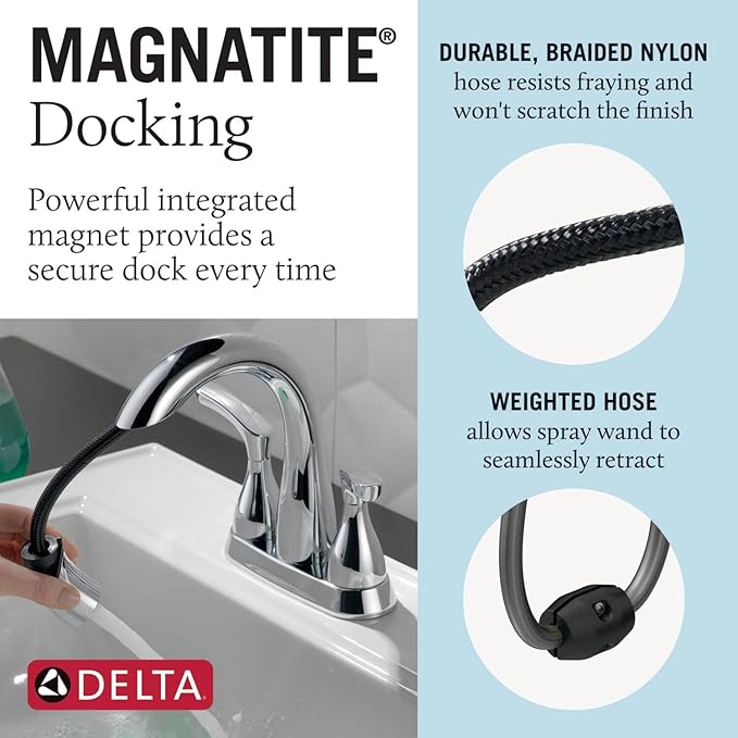Delta Broadmoor Centerset Chrome Bathroom Faucet with Sprayer, 4 Inch 3 Hole Bathroom Sink Faucet with Pull Out Sprayer, Push-Pop Drain, Chrome 25765LF-PD