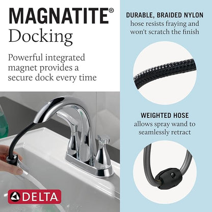Delta Broadmoor Centerset Chrome Bathroom Faucet with Sprayer, 4 Inch 3 Hole Bathroom Sink Faucet with Pull Out Sprayer, Push-Pop Drain, Chrome 25765LF-PD