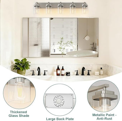 Brushed Nickel Bathroom Light Fixtures, 5 Lights Bathroom Lighting Fixtures Over Mirror, Square Design & Rectangle Large Backplate, Modern Vanity Lighting Fixtures, for Living Room/Bedroom