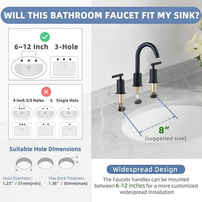 VXV Matte Black Bathroom Faucet 3 Hole Widespread with Easy Installation, 2-Handle 8 Inch Bathroom Sink Faucet 360° Swivel Spout, Pre-Attached Hoses & Drain Included, Vanity Faucet for Bath Sink